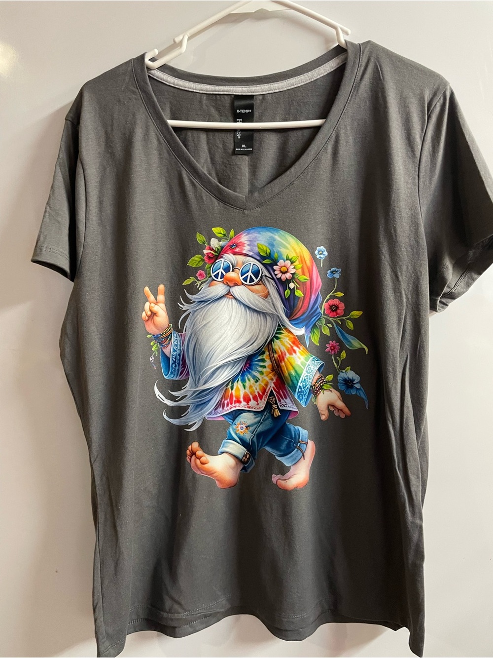 Gray V-Neck Tee with Colorful Hippie Gnome Graphic